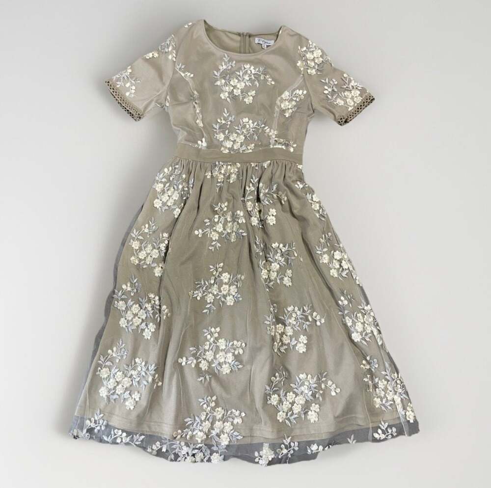 Polagram Floral Embroidered Mesh Overlay Dress Taupe Size M Cottagecore